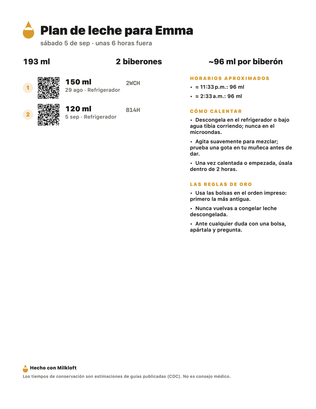 Hoja para quien cuida generada por Milkloft: bolsas en orden con códigos QR, horarios y reglas