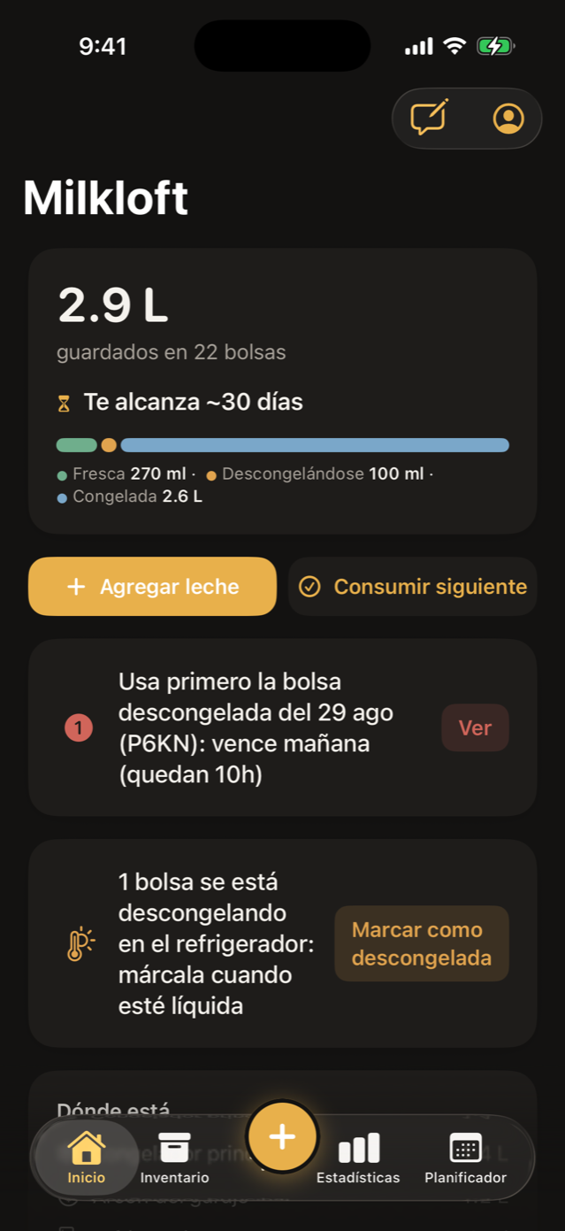 Pantalla de inicio de Milkloft en modo oscuro