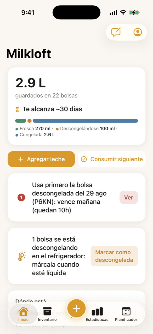 Pantalla de inicio de Milkloft en modo claro