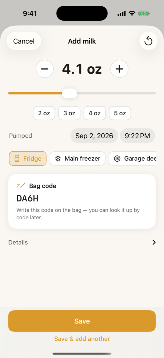 Milkloft's add-milk sheet: 4.1 oz pumped on Sep 2 at 9:22 PM, with a row of location chips reading Fridge, Main freezer and Garage deep freezer, and a bag code DA6H to write on the bag.