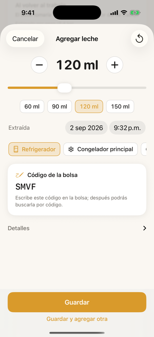 Hoja de registro de Milkloft: la cantidad extraída, la fecha y hora, el refrigerador como lugar y el código de bolsa que hay que escribir en la bolsa
