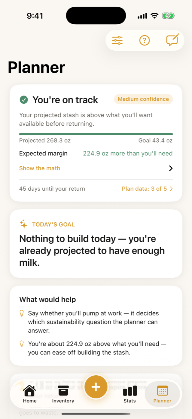 Milkloft planner: a green "You are on track" verdict, the projection against the goal, the expected margin, 45 days until the return, and today’s goal card