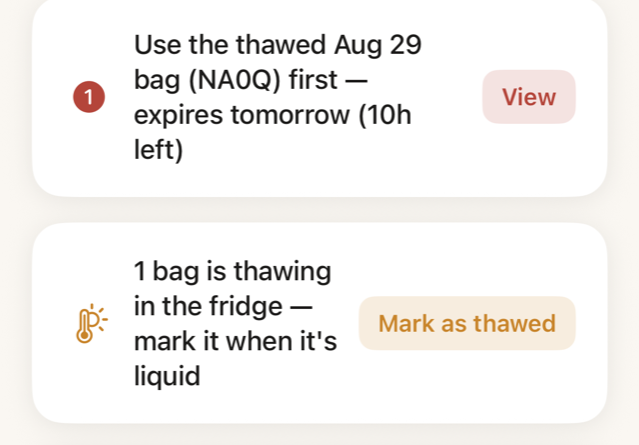 Two cards on the Milkloft home screen: 'Use the thawed Aug 29 bag (NA0Q) first, expires tomorrow, 10h left' with a View button, and '1 bag is thawing in the fridge, mark it when it's liquid' with a Mark as thawed button.